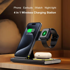 Wireless Charger Station, 4 in 1 Foldable 15W Fast Charging Wireless Charging Station with Night Light for iPhone iPods iWatch