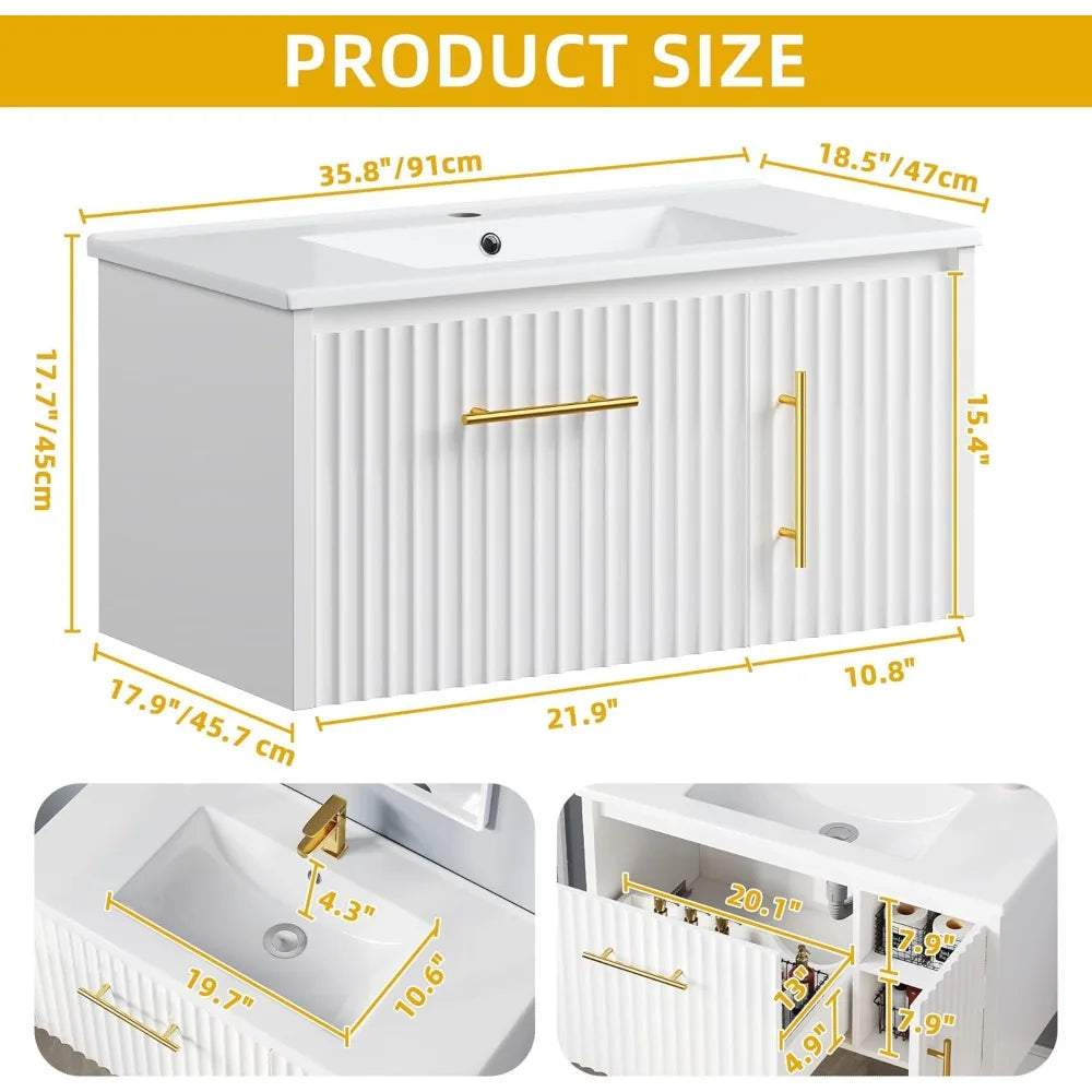 36" Wide Bathroom Vanity with Sink Combo, Wall Mounted Modern Bathroom Cabinet with Ceramic Sink, Large Storage