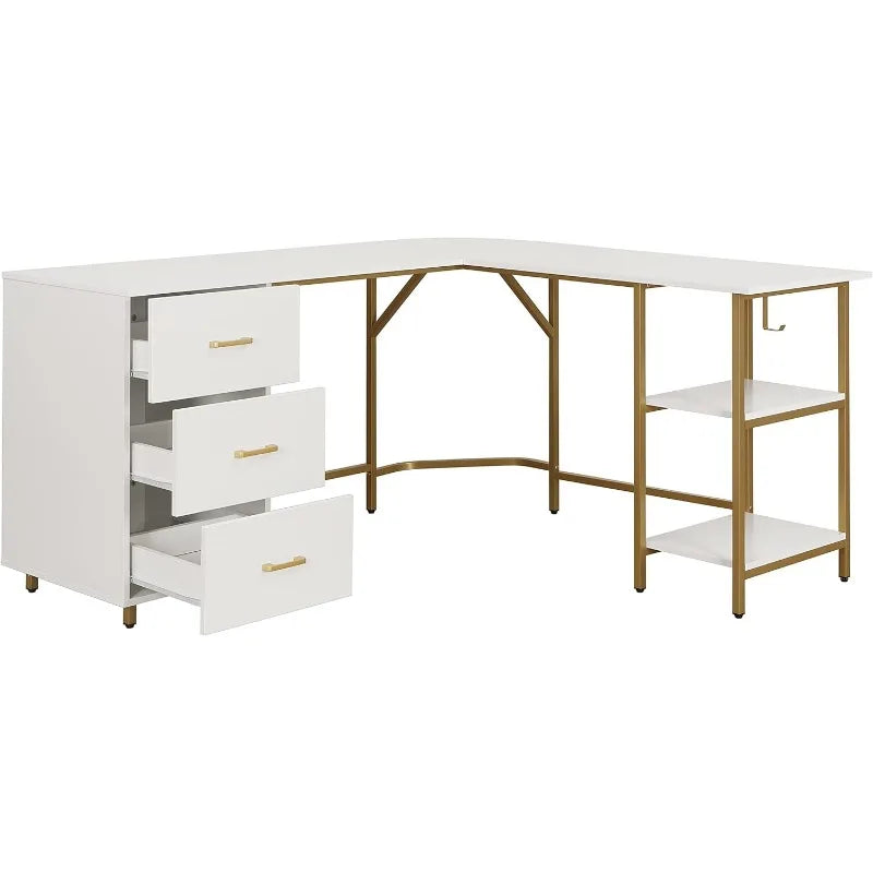 L Shaped Desk - Two-Toned Computer Desk with Drawers & Storage Shelves - Simple Modern Furniture & Home Office Space Corner Tabl