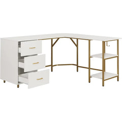 L Shaped Desk - Two-Toned Computer Desk with Drawers & Storage Shelves - Simple Modern Furniture & Home Office Space Corner Tabl