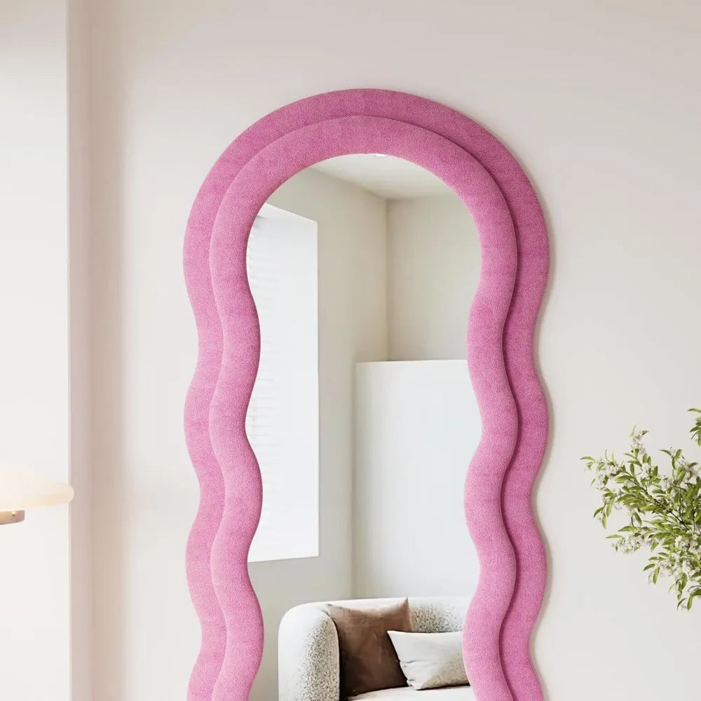 Wavy Mirror Full Length, 63"x24" Irregular Wave Floor Mirror, Full Length Wall Mirror with Flannel Frame(Pink) Home Decor