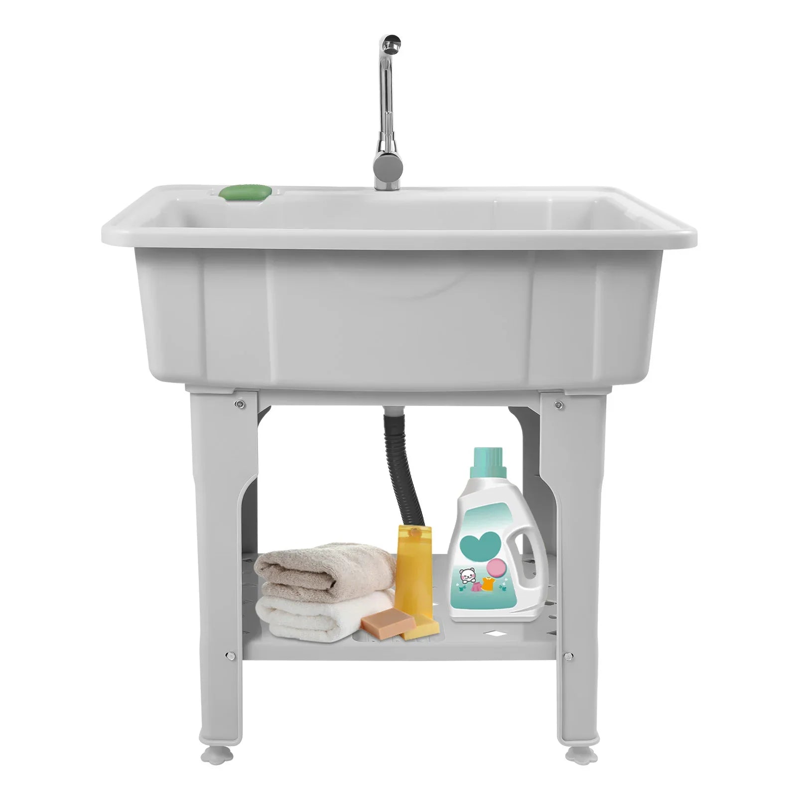 Home Laundry & Utility Sinks, Plastic Freestanding Washing Room Laundry Tub Sink with Washboard Faucet Drain Kit