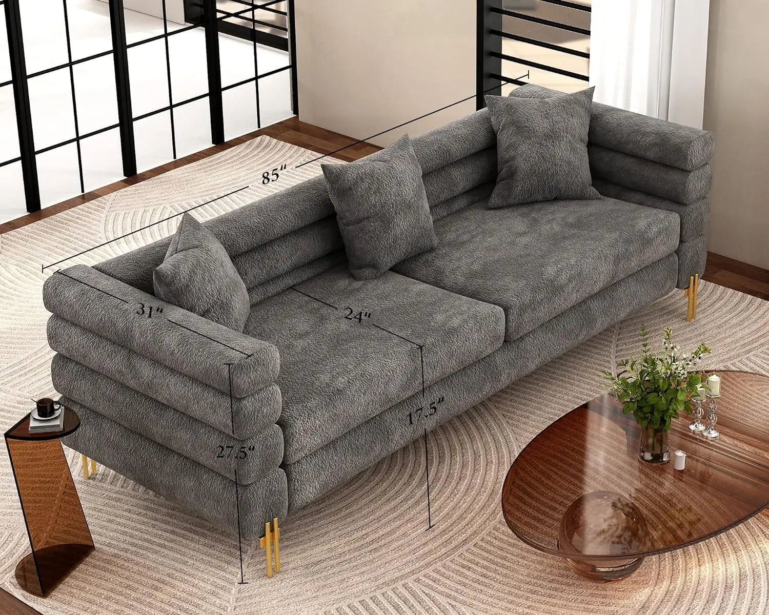 Oversized sofa-85 inch sofa couch, 3 seater comfy bouclé deep seat sofa for living room-Grey