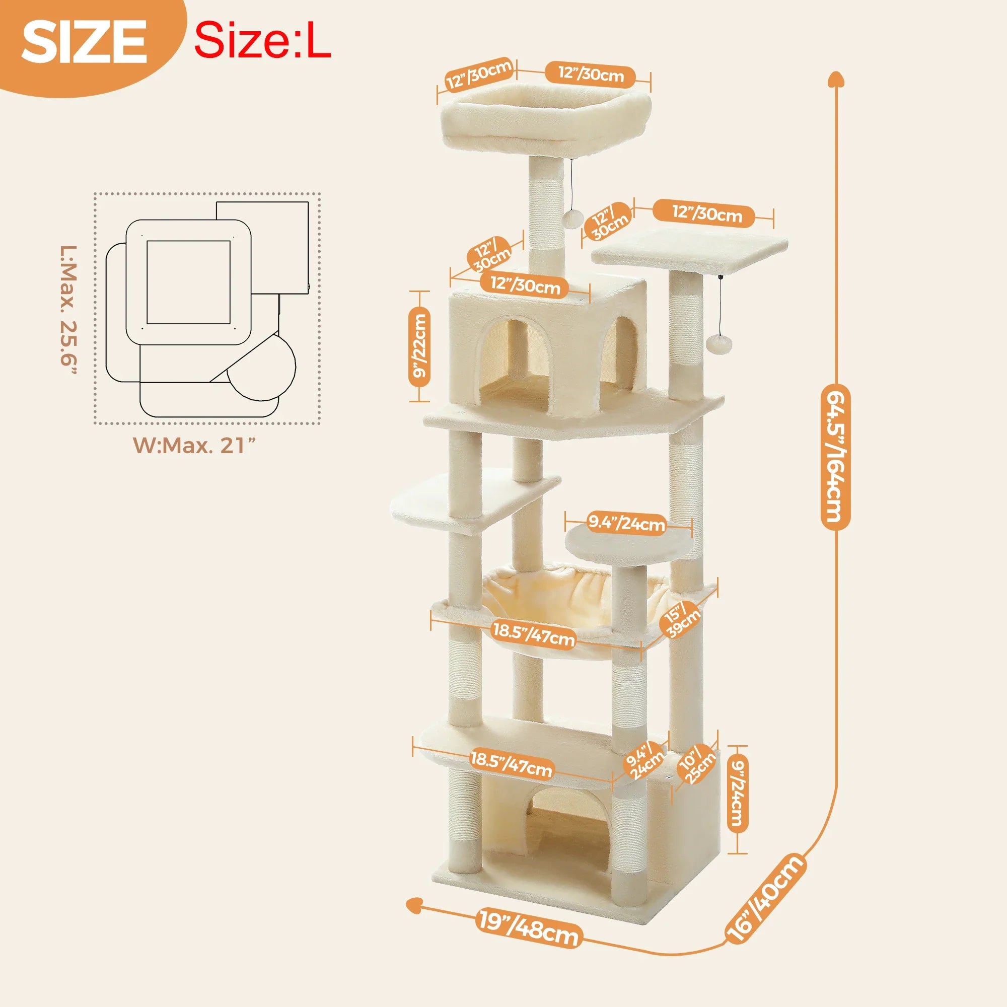 H184CM Large Cat Tower with Sisal Scratching Posts Spacious Condo Perch Stable for Kitten Multi-Level Tower Indoor Cozy Hummocks