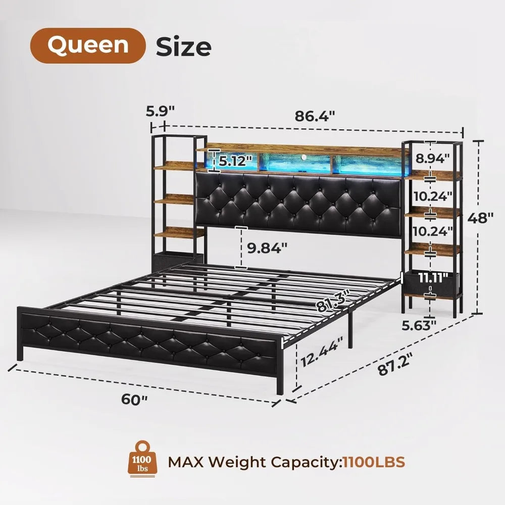 Bed Frame with Bookcase Storage Headboard and Charging Station,Metal Led Platform Bed,LED Lights,No Box Spring Needed,Bed Frames