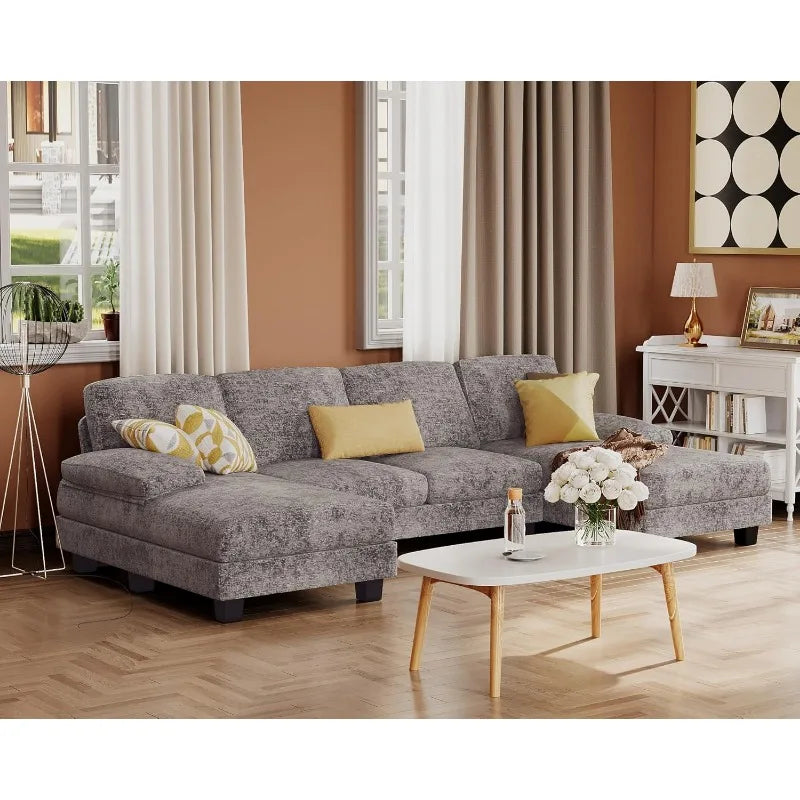 Furmax Sectional Couches for Living Room, U-Shaped Sofa Couch with Linen Fabric,4 Seat Sofa Set with Double Chaise for Apartment