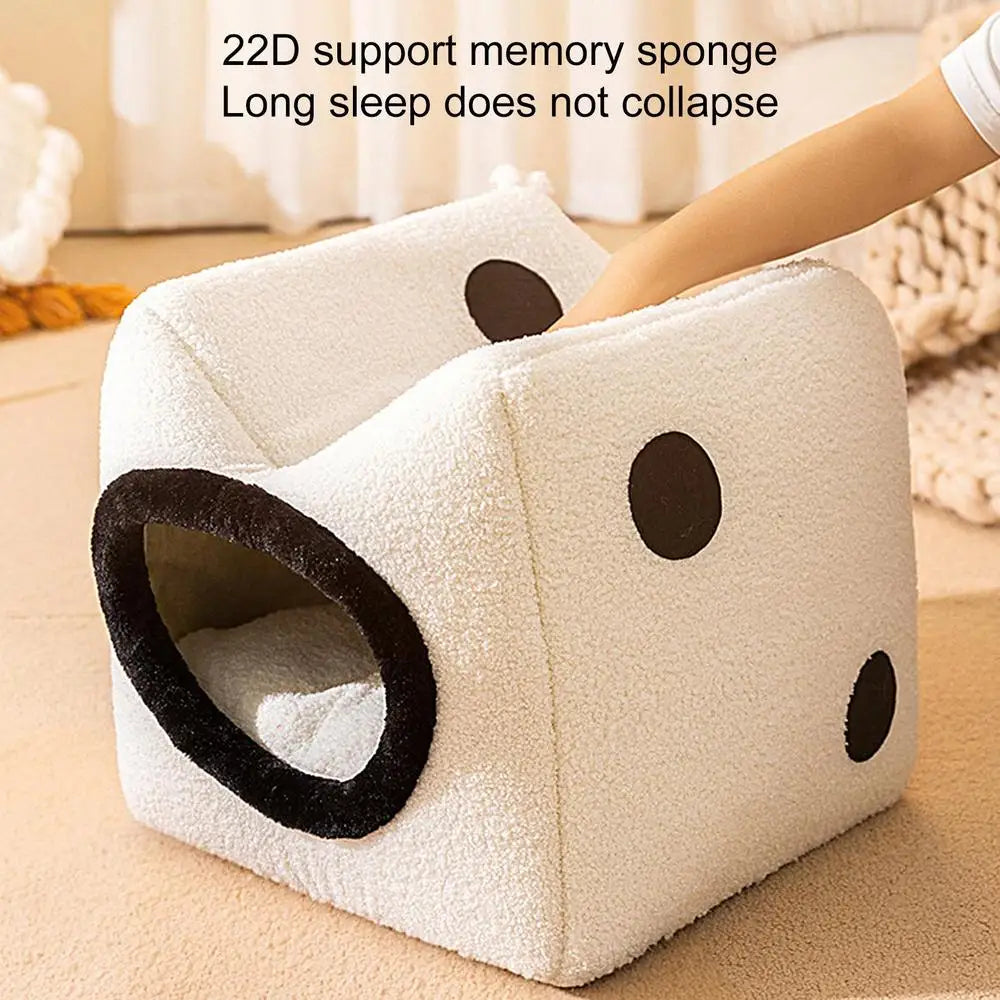 Winter Warm Cat Bed Dice Shape Foldable Cat House Cozy Kitten Lounger Cushion Soft Comfort Pet Deep Sleep Bed Pet Tent Cave Nest