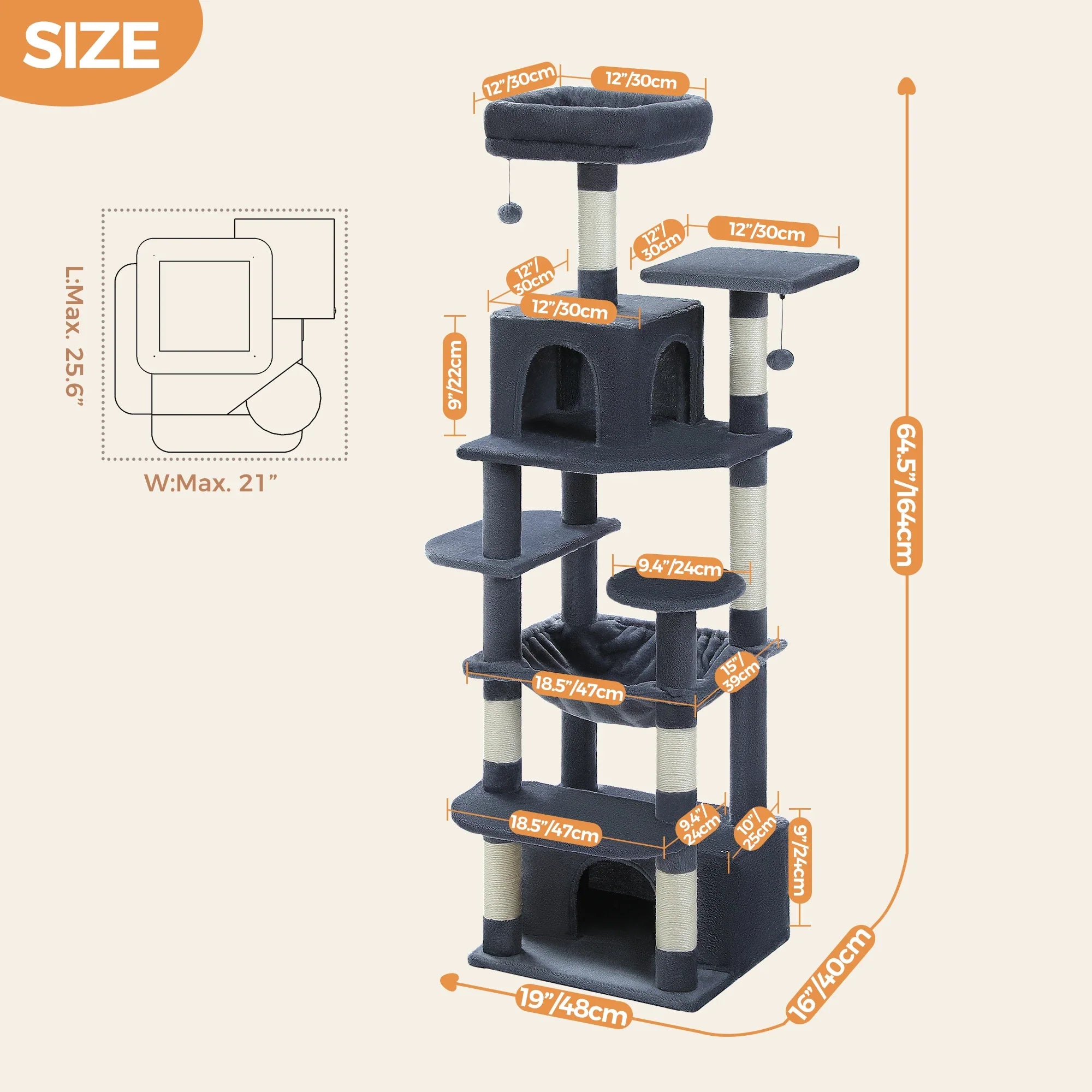 Large Cat Tree Tower for Indoor Cats With Sisal-Covered Scratching Posts Spacious Hammock Padded Perches and Condos Dark Grey