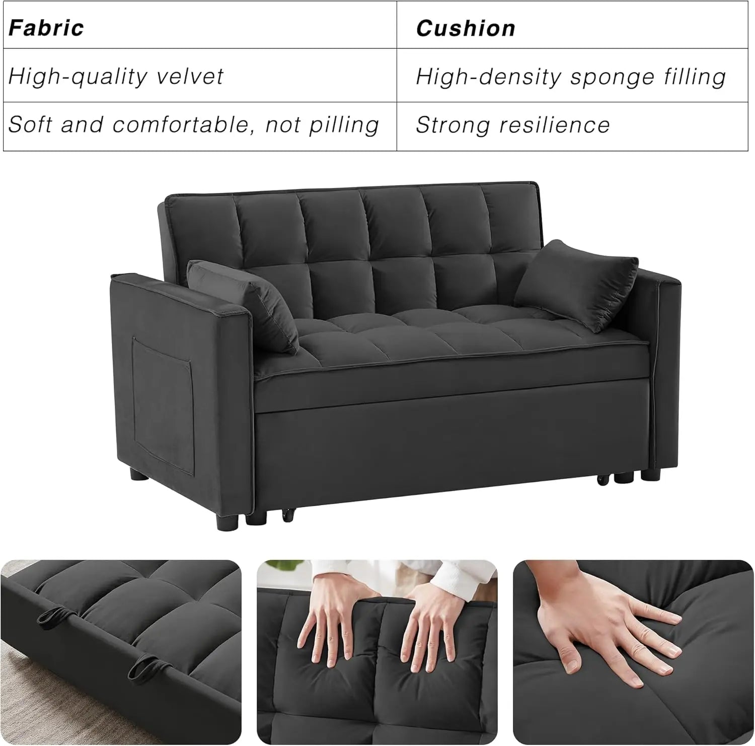 Sleeper Sofa Bed, Futon Couches for Living Room with Side Pocket | Adjustable Backrest| Velvet Fabric | Pull