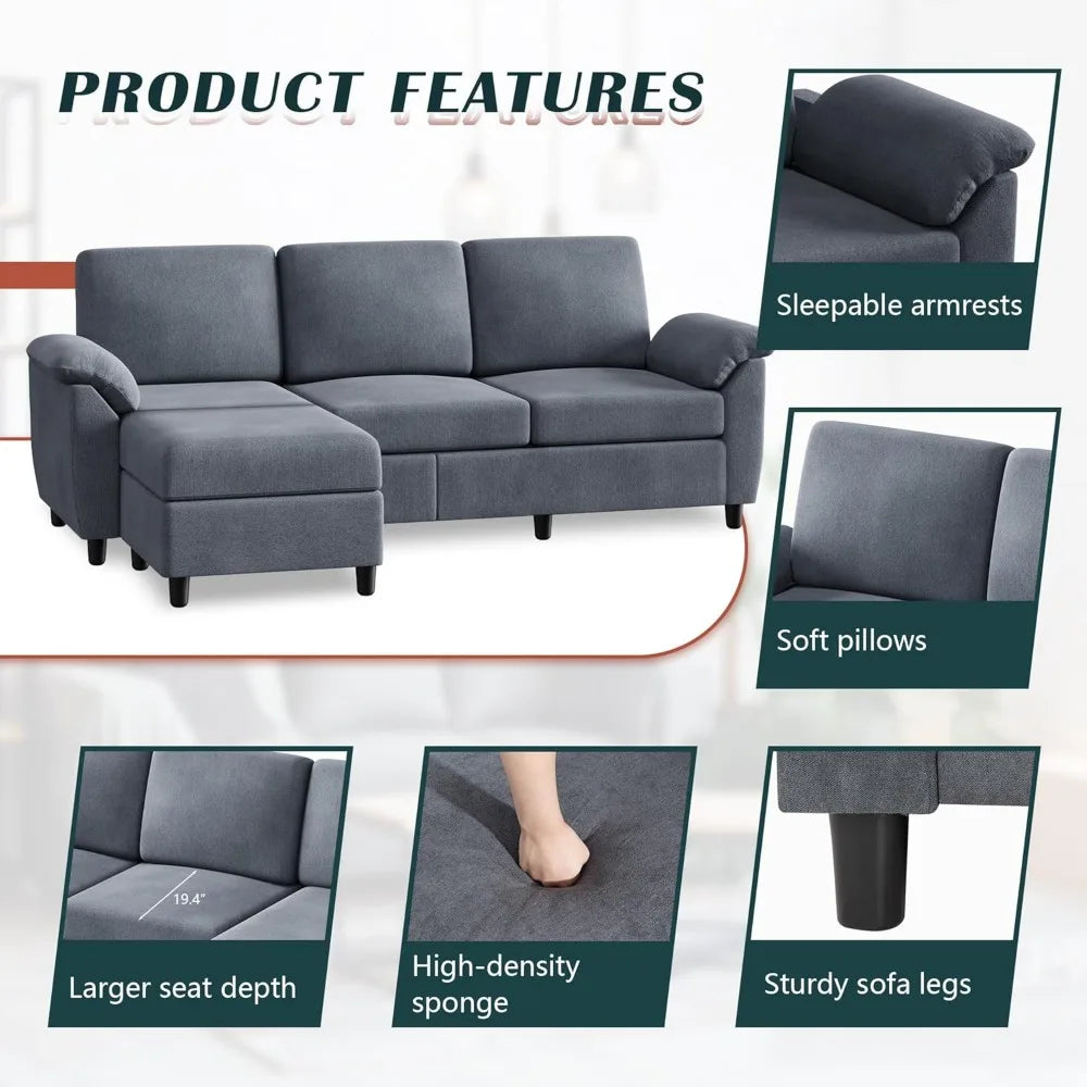 79" Convertible Sectional Sofa Couch, 3 Seat L Shaped Sofa with Removable Pillows Linen Fabric Small Couch，Living Room Sofas