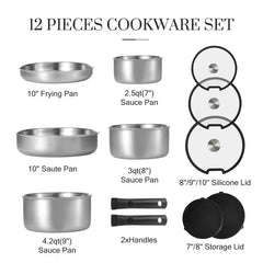 [Official] CAROTE 12pcs Pots and Pans Set, Stainless Steel Kitchen Cookware Set Detachable Handle, Induction Cookware Sets