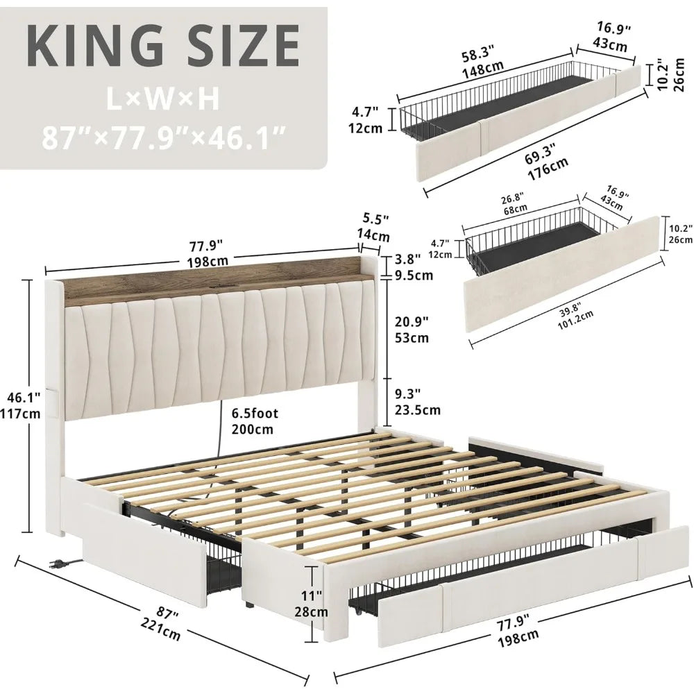 Bed Frame with Storage Headboard and Charging Station, Upholstered Platform Bed with  Drawers, No Box Spring