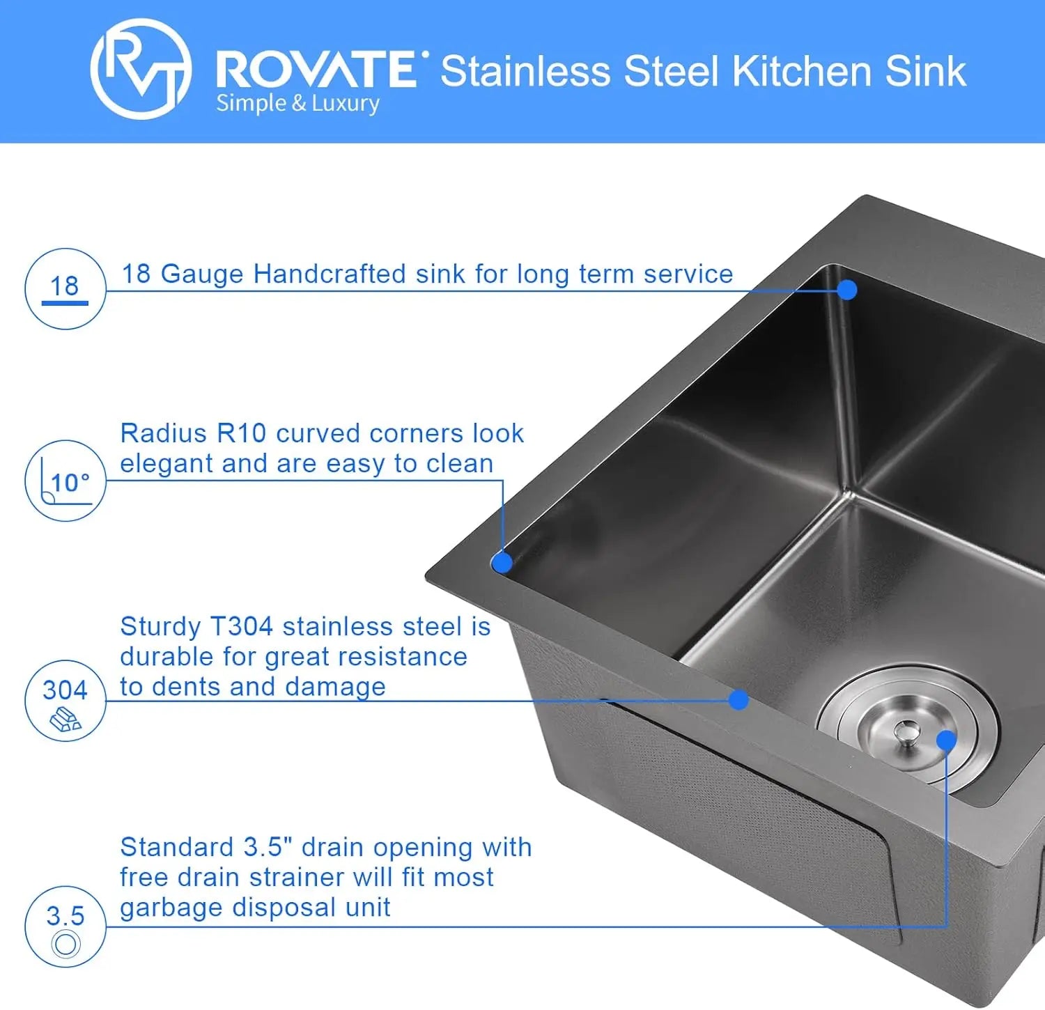 ROVATE 25x22 Inch Drop In Black Kitchen Sink 9 Inch Deep Single Bowl Laundry Utility Stainless Steel Outdoor Sink