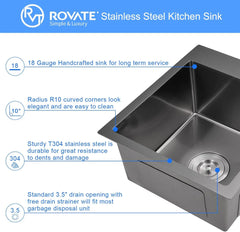 ROVATE 15 x 17 inch Drop in Bar Sink Black Nano Kitchen Sink Overmount Handmade Single Bowl T-304 Stainless Steel Bar Prep Sink