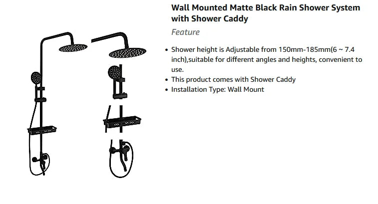 KEMAIDI Matte Black Rainfall Shower Faucet Set Single Lever Bathtub Shower Mixer Faucet & Storage Shelf  Shower Mixer Water Tap