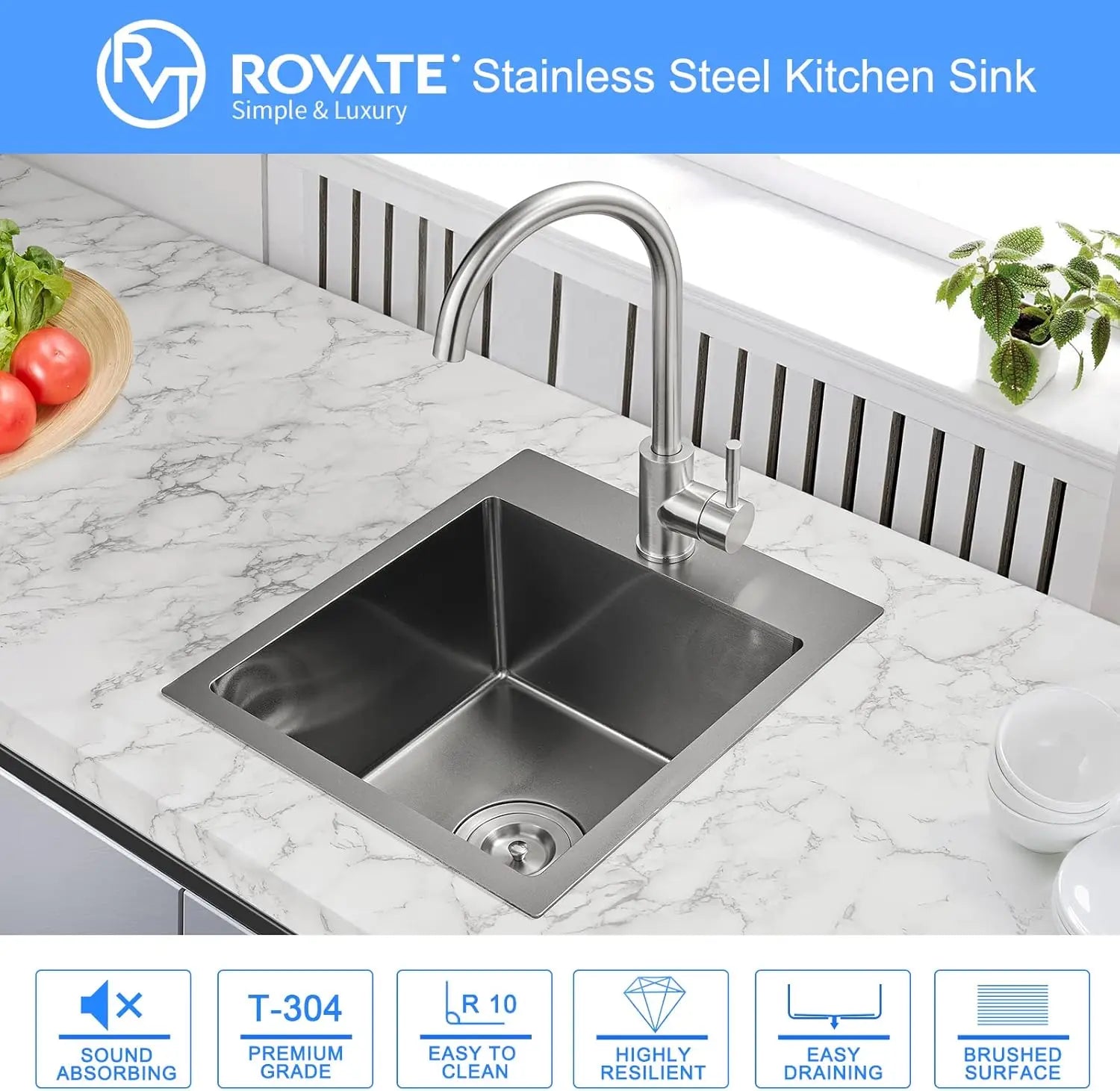 ROVATE 15 x 17 inch Drop in Bar Sink Black Nano Kitchen Sink Overmount Handmade Single Bowl T-304 Stainless Steel Bar Prep Sink