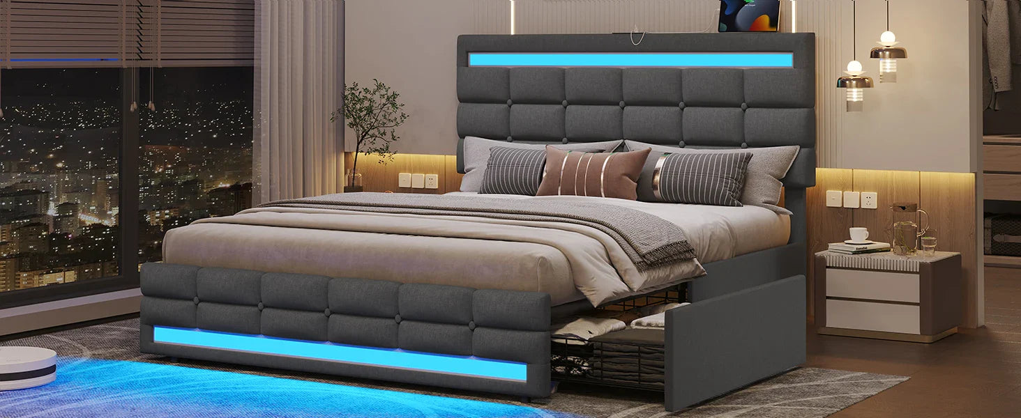 LED Bed Frame w 4 Drawers and 2 USB Charging Station, Upholstered Platform Queen Size Bed Frame w LED Lights Headboard Footboard