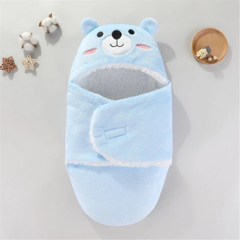 Soft Flannel Winter Warm Baby Swaddle Blanket Thicken Plush Lining Hooded Blanket for 0-6 Months Newborn Envelope Cocoon Blanket