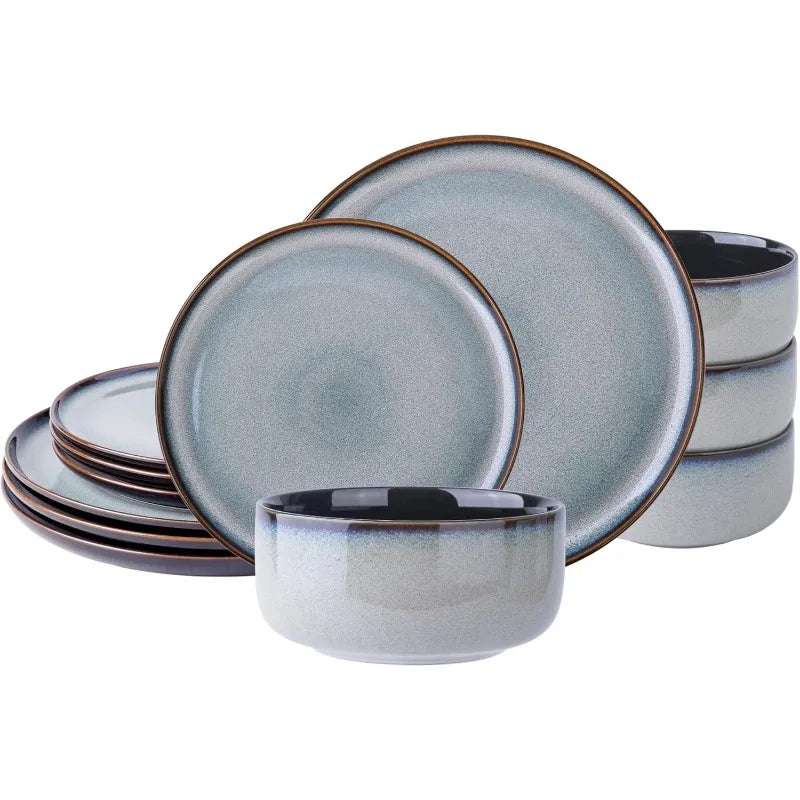 Ceramic Dinnerware Sets,12-Piece Plates and Bowls,Handmade Reactive Glaze Dishes Set,Chip Resistant and Scratch Resistant