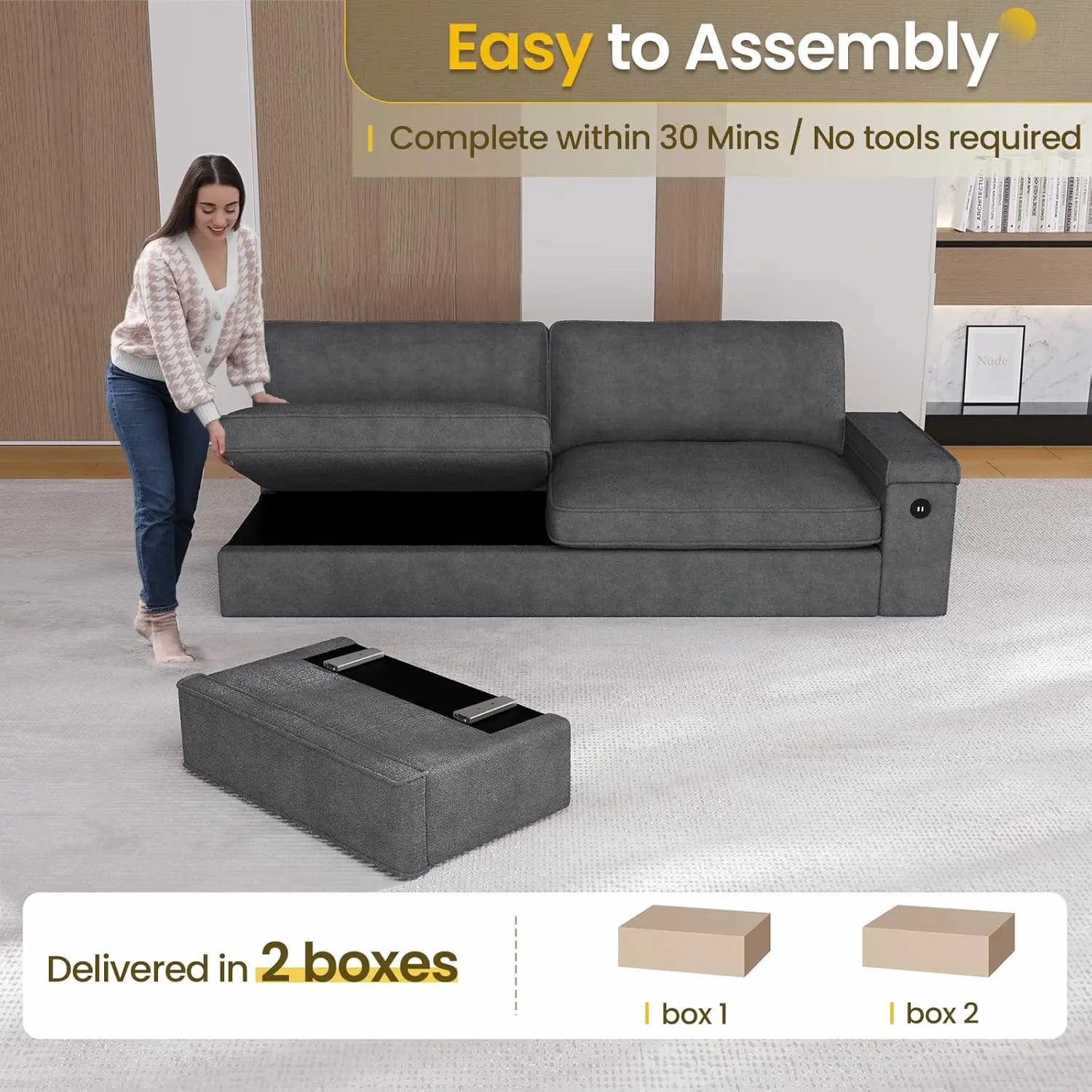 Modern Sofas Couches for Living Room, Comfy Couch with Extra Deep Seats, Oversized Loveseat Sofa with Storage and 2 USB C