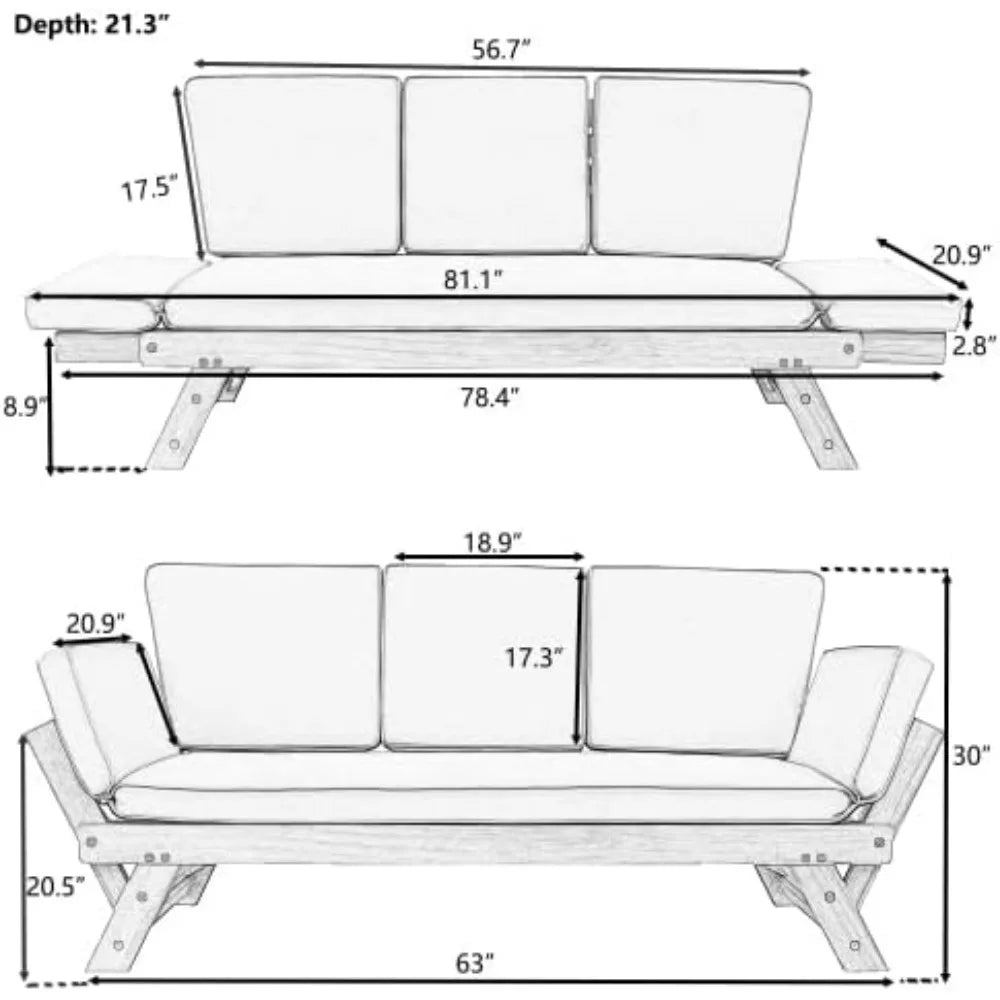 Outdoor Adjustable Patio Couch Sofa Bed, Acacia Wood Daybed Sofa Chaise Lounge with Cushions, Futon Sofa Furniture for Patio