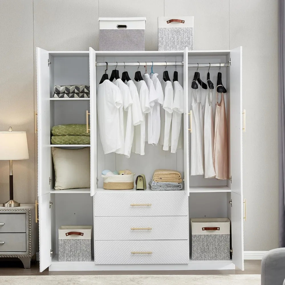 74.2" Tall 4 Doors 3 Drawers White Closet Wardrobe Large Bedroom Freestanding Storage Closet Cabinet Bathroom Clothes Storage