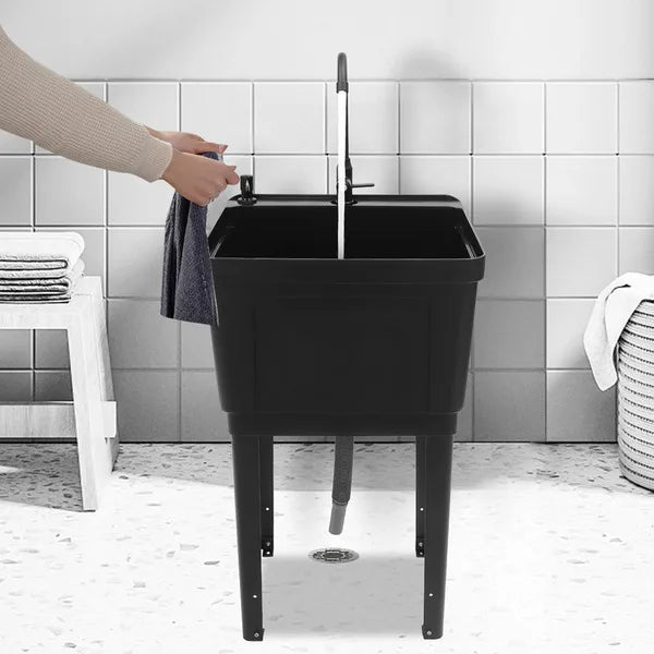 Freestanding Laundry Tub Utility Wash Sink w/ Faucet & Soap Dispenser for Bathroom Black