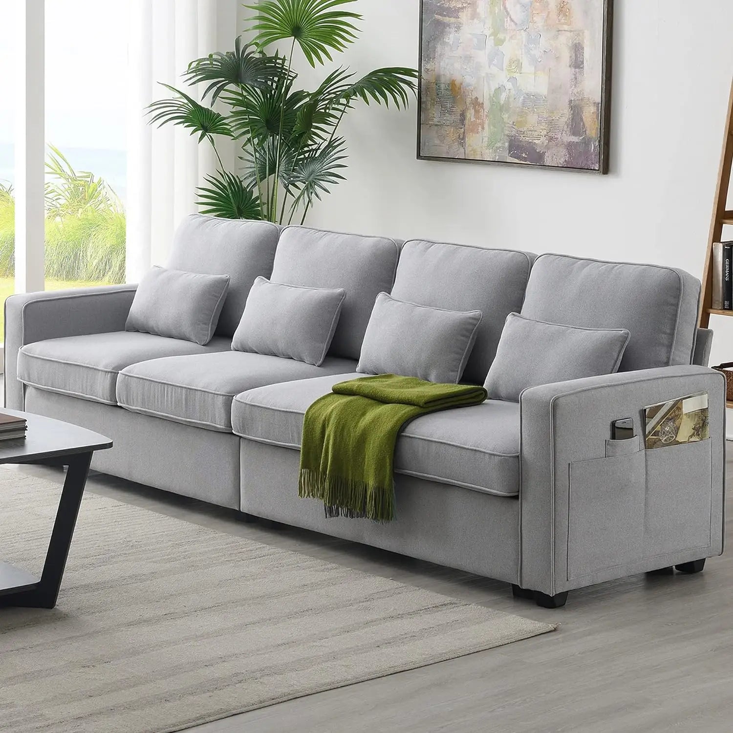 Linen Fabric Sofa with Armrest Pockets and 4 Pillows, Minimalist Style 4-Seater Couch for Living Room, Apartment