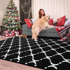 Large Shag Area Rug Memory Foam Living Room Rug 6x9 Feet, Black Plush Geometric Bedroom Rug, Indoor Carpet for Kids Room Decor