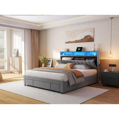 Queen Bed Frame with 4 Drawers & LED，Platform Bed with Storage Headboard and Charging Station, No Box Spring Needed, Bed Frame