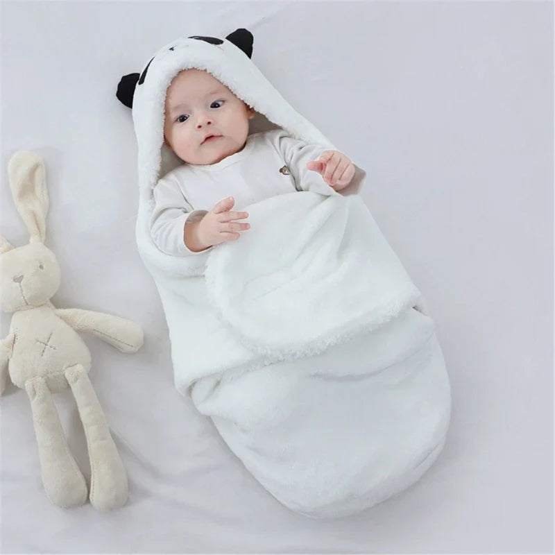 Soft Flannel Winter Warm Baby Swaddle Blanket Thicken Plush Lining Hooded Blanket for 0-6 Months Newborn Envelope Cocoon Blanket