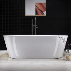 71" Acrylic Freestanding Bathtub Contemporary Soaking White Tub with Matte Black Overflow and Drain Easy Clean,Easy Maintenance