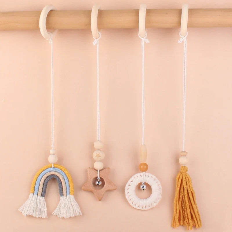 BPA Free Wooden Baby Gym Toys Baby Stroller Hanging Pendants Newborn Play Activity Gym Frame Hanging Rattle Toys Teething Ring