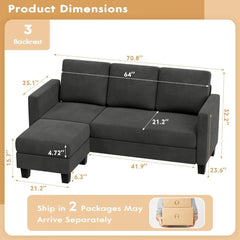 Sectional Sofa Couch, 3 Seat L-Shaped Sofa with Linen Fabric, Movable Ottoman Small Couch for Small apartments