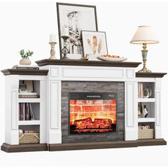 70" Electric Fireplace with Mantel, Fireplace TV Stand for TVs Up to 80 Inch, Farmhouse Entertainment Center with Storage