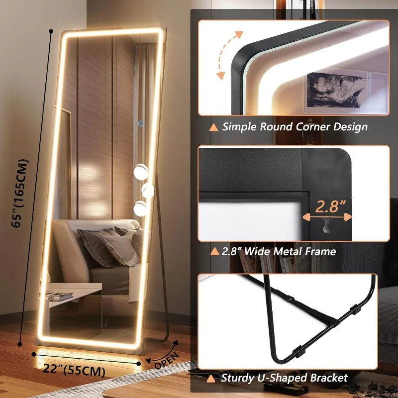 Full Length Mirror, 65"x22" Standing Full Body Mirror with Lights, Floor Lighted Mirror, Stand Up Mirror, Wall Mounted