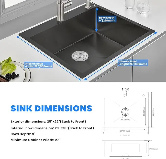 ROVATE 25x22 Inch Drop In Black Kitchen Sink 9 Inch Deep Single Bowl Laundry Utility Stainless Steel Outdoor Sink