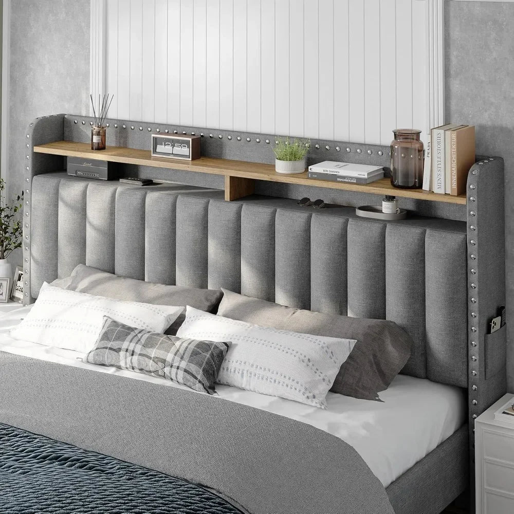 King Size Bed Frame with Storage and Headboard,Upholstered King Bed Frame with Storage & 2 Drawers,NO Noise,No Box Spring Needed