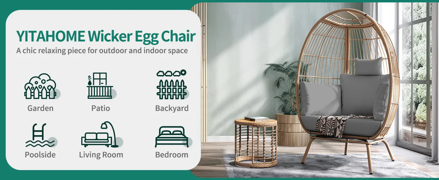 Egg Chair Wicker Outdoor Indoor, Oversized Lounger with 370lbs Capacity Large Egg Chairs with Stand Cushion Egg Basket