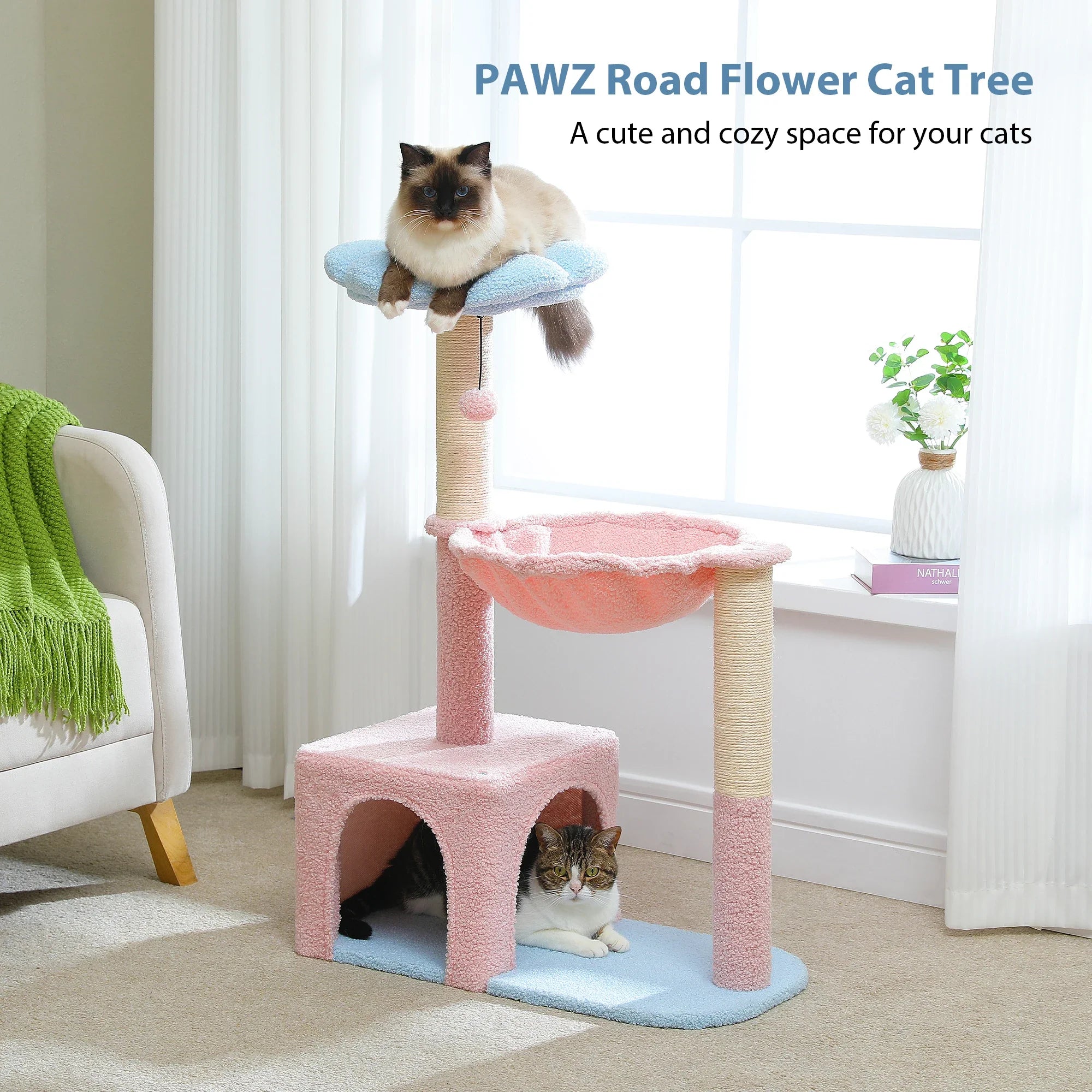 Flower Cat Tree with Large Metal Frame Hammock Cute Cat Tower with Sisal Scratching Posts for Small Indoor Cats with Pink Perch