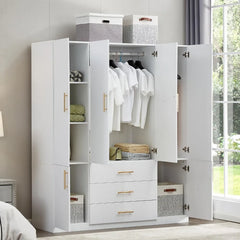 74.2" Tall 4 Doors 3 Drawers White Closet Wardrobe Large Bedroom Freestanding Storage Closet Cabinet Bathroom Clothes Storage