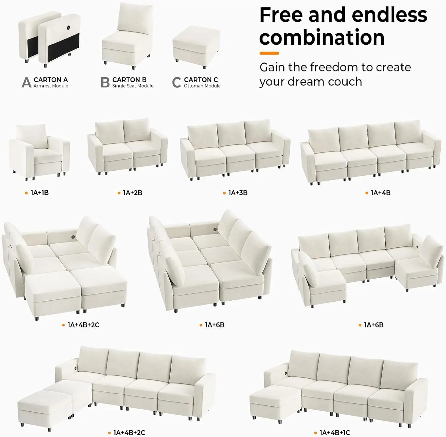 Storage Modular Sectional Sofa Sleeper in Upgraded USB Built-in Charger, Convertible Couch Bed, Seaters Module/Ottomans(Chaises)