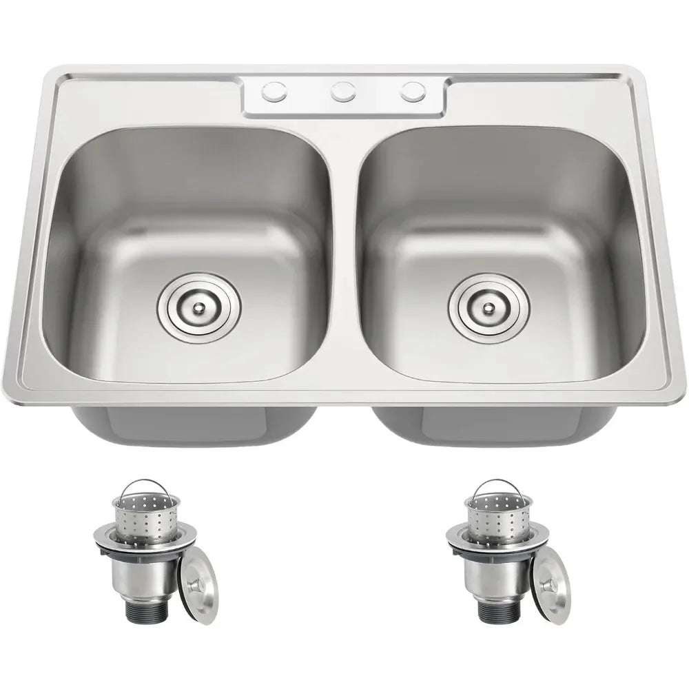 33 Inch Double Bowl Drop in 50/50 Kitchen Sink Top Mounted 18 Gauge 304 Stainless Steel Sink with Strainer,33" X 22" X 9"