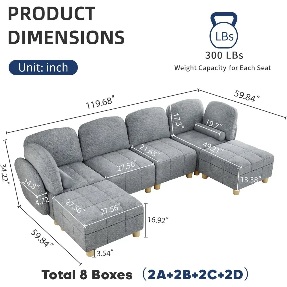 Sectional Sofa, Convertible U Shaped Sectional Sofa for Living Room 6 Seater Couch in Cozy Removable Covered Teddy Velvet Couch