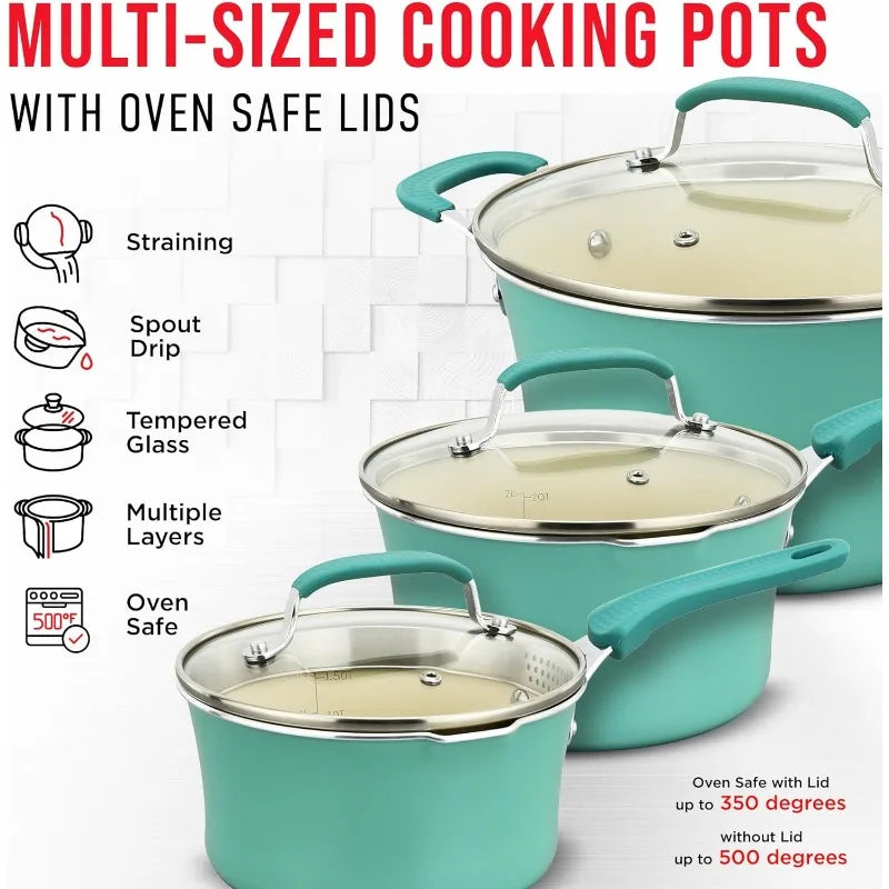 Cookware Set – 23 Piece–Green Multi-Sized Cooking Pots with Lids,Skillet Fry Pans and Bakeware–Reinforced Pressed Aluminum Metal