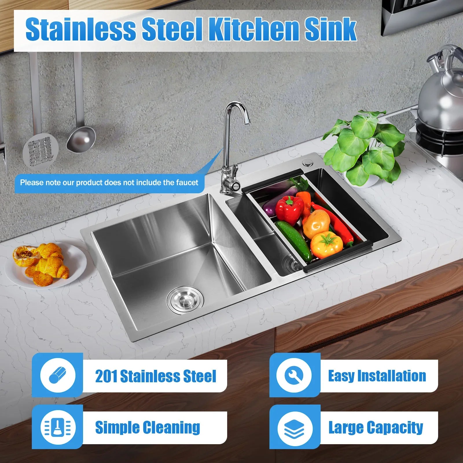 30" x17'' Double Bowl Stainless Steel Drop-in Kitchen Sink With Drain Pipe Double Basin 10" Deep Home Sink Rectangular