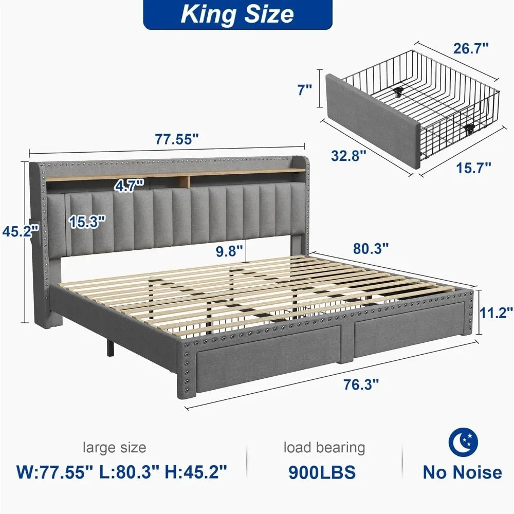 King Size Bed Frame with Storage and Headboard,Upholstered King Bed Frame with Storage & 2 Drawers,NO Noise,No Box Spring Needed