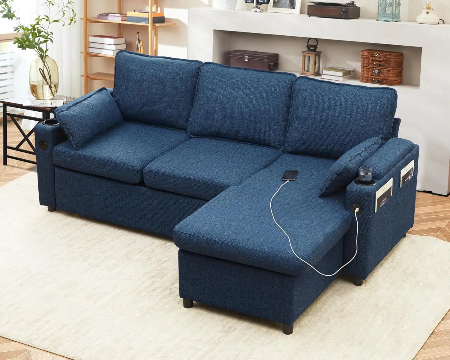 Sofa Bed Pull Out 2 in 1 Sectional Sleeper Couches w/ Storage,USB,Cup Holder,Pullout Sectional Couches for Apartment Living Room