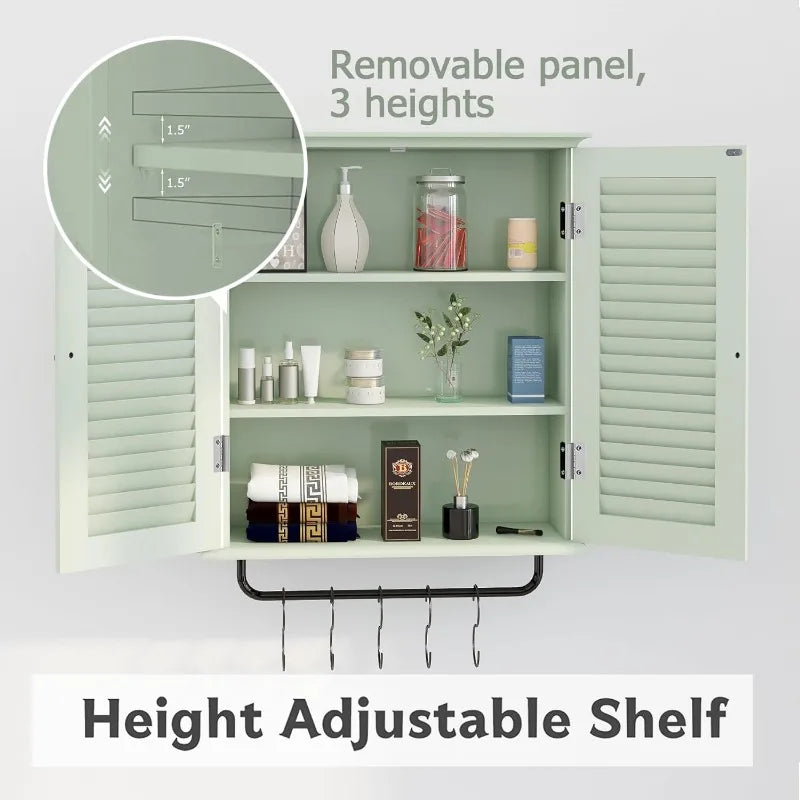 Bathroom Cabinet Wall Mounted Green Designer Bathroom Wall Cabinet Medicine Cabinet with Double Shutter Doors 3 Tier Adjustable