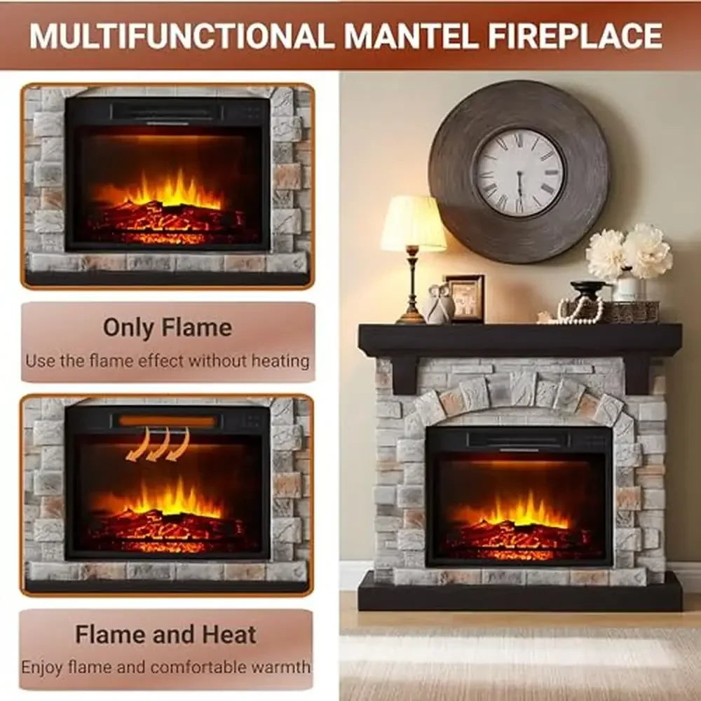 40" Electric Fireplace Mantel with Faux Stone Finish LED Flame Freestanding Heater Living Room Cozy Atmosphere Secure Setup